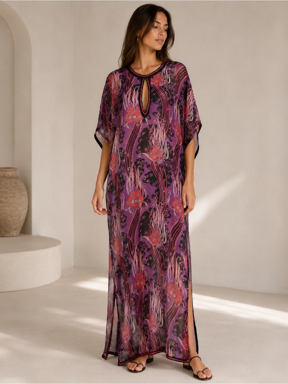 Roberto Cavalli Silk Printed Maxi Caftan Dress, Size L, Resort Designer
